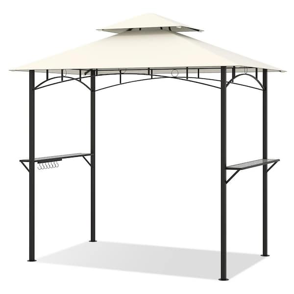 8 ft. x 5 ft. Beige Double-Tiered Steel Grill Gazebo with 2 Shelves and 7 Hooks