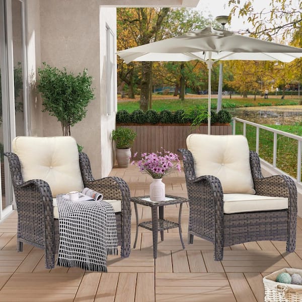 Xingzjojor Brown 3-Piece Wicker Patio Conversation Deep Seating Set with Beige Cushions