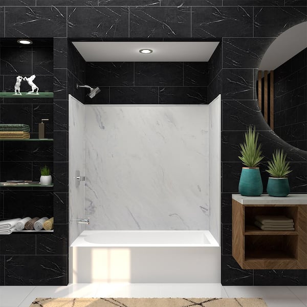 Studio 60 in. W x 60 in. H x 32 in. D 3-Piece Glue Up Alcove Tub Surrounds in White Carrara
