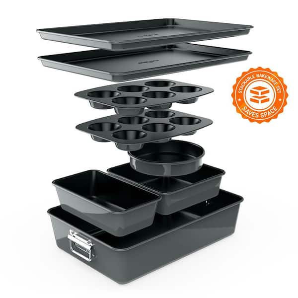 NutriChef 8 Piece Stackable Carbon Steel Bakeware Sets - Non-Stick Coating, Bake Tray Sheet Bakeware Set (Gray)