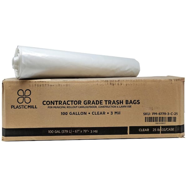 PlasticMill 100 Gallon Clear 3 Mil 67x79 25 Bags/Case Gang Folded Ultra Heavy Duty Garbage Bags / Trash Can Liners / Contractor Bags.