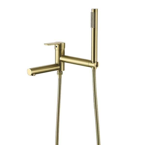 Single-Handle Freestanding Tub Faucet Wall Mount Roman Tub Faucet with Hand Shower in Brushed Gold