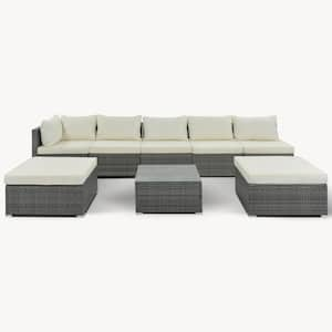 8-Piece Wicker Patio Conversation Set with Beige Cushions