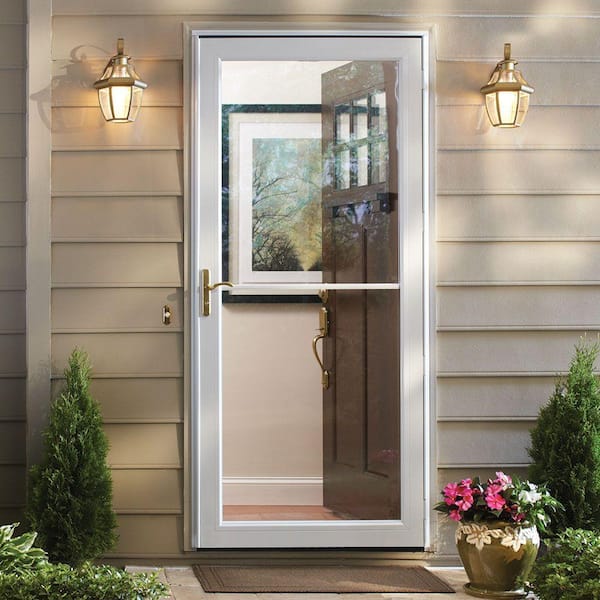 3000 Series 36 in. x 80 in. White Left-Hand Retractable Aluminum Storm Door with Brass Hardware