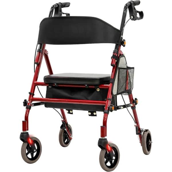 4-Wheel Aluminum and Carbon Steel Lightweight Foldable Rollator with Seat, 5 Adjustable Height Position