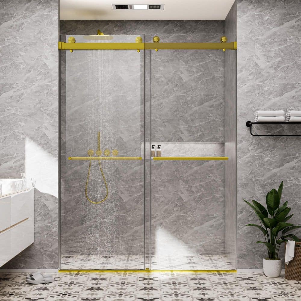 60 in. W x 80 in. H Double Sliding Frameless Shower Door in Brushed Gold with Smooth Sliding and 3/8 in. Clear Glass price history on PriceWatchPro