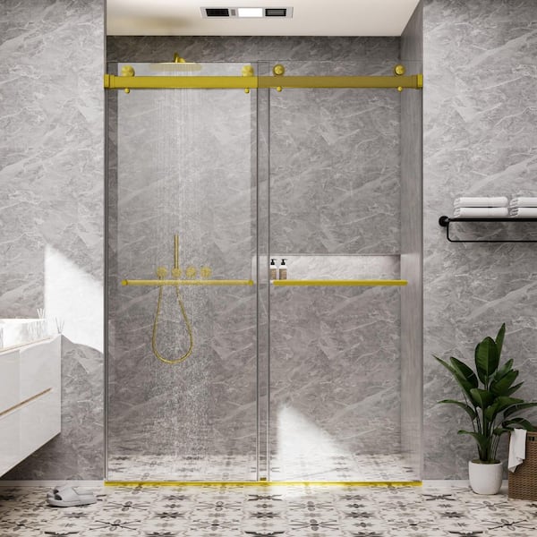60 in. W x 80 in. H Double Sliding Frameless Shower Door in Brushed Gold with Smooth Sliding and 3/8 in. Clear Glass