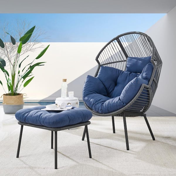Gymojoy Corina Gray Egg Chair Wicker Outdoor Lounge Chair with Blue Cushion