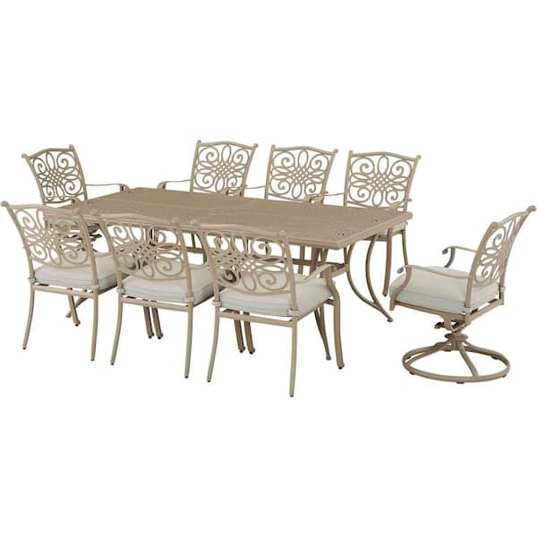 Hanover Traditions 9-Piece Metal Outdoor Dining Set with 8 Stationary Chairs with Cushions Cast-top Table, Sand Finish