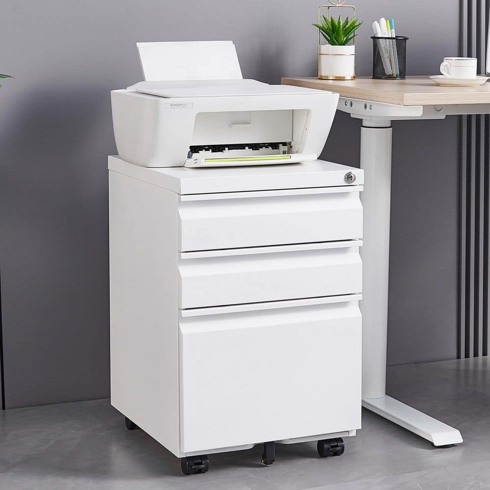 3-Drawer White Metal 14.57 in. W Vertical File Cabinet Rolling Filing Cabinet with Pen Tray and Hanging Bar