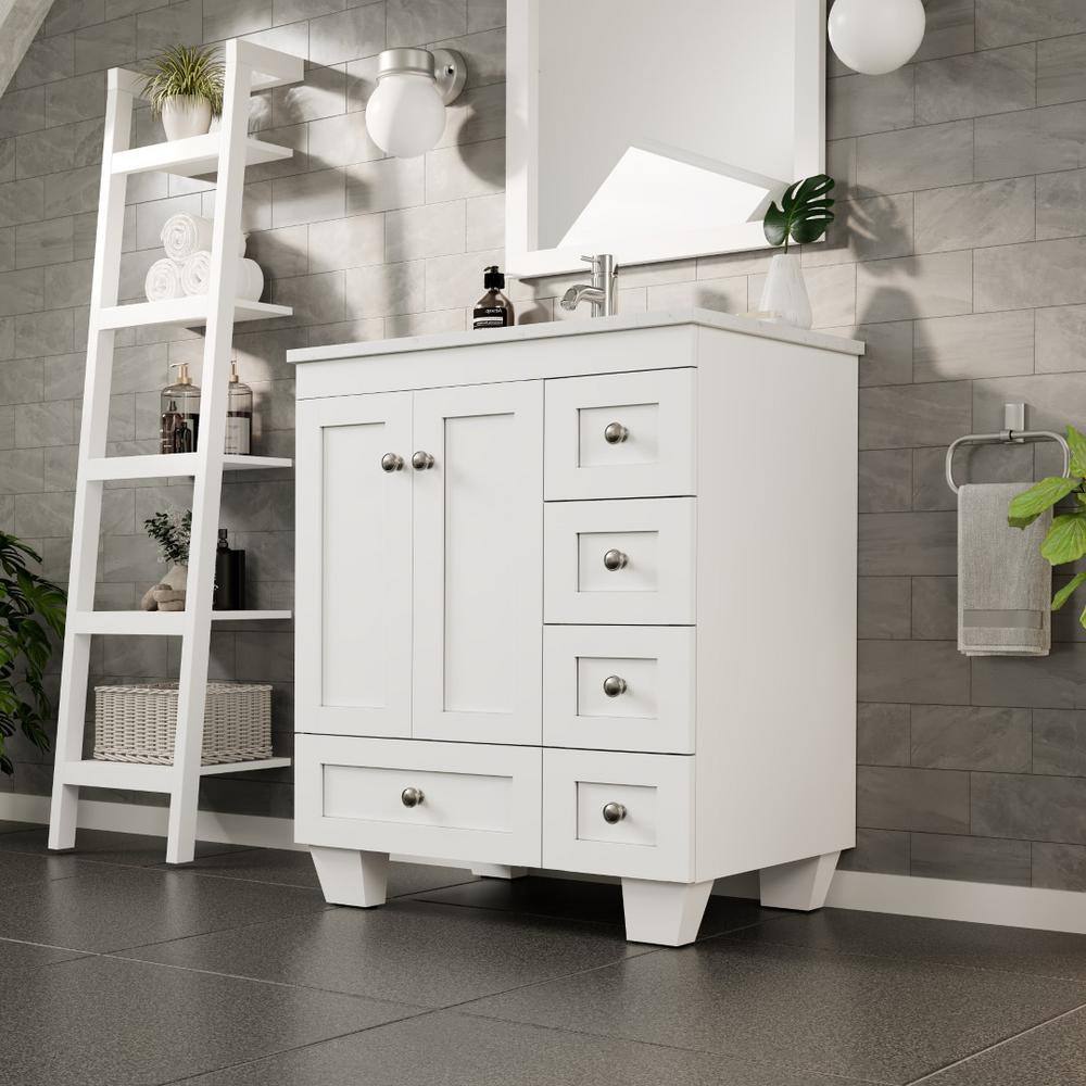 White Solid Wood 28 Inch Freestanding Bathroom Vanity with Porcelain Sink