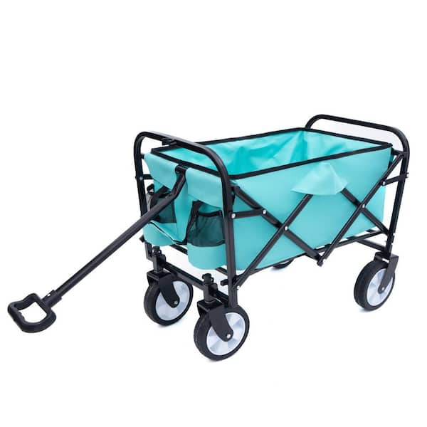2 cu. ft. Steel Frame Outdoor Garden Cart Support 225 lbs. Waterproof Fabric Folding Wagon with Drawstring, Cyan