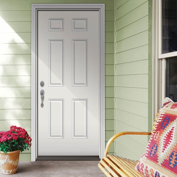 32 in. x 80 in. 6-Panel White Painted Steel Prehung Right-Hand Inswing Front Door w/Brickmould