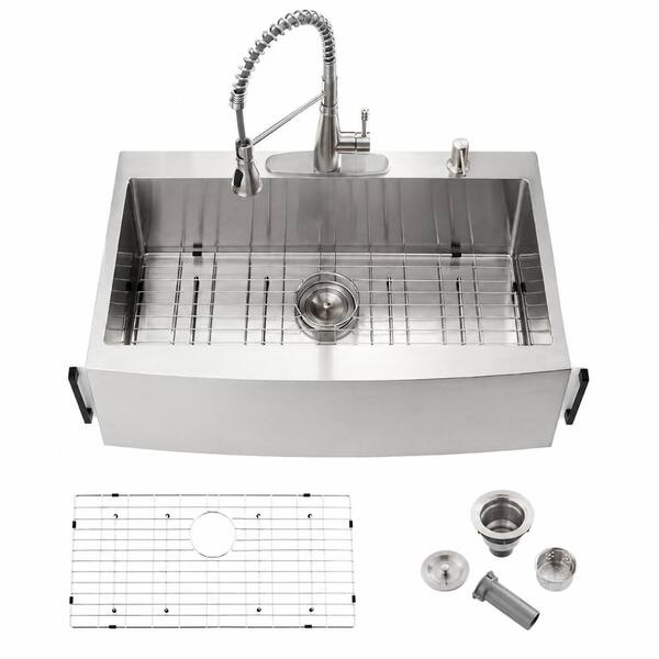 36 in. Drop-In Apron-Front Single Bowl 16-Gauge Stainless Steel Farmhouse Kitchen Sink with Grid and Strainer