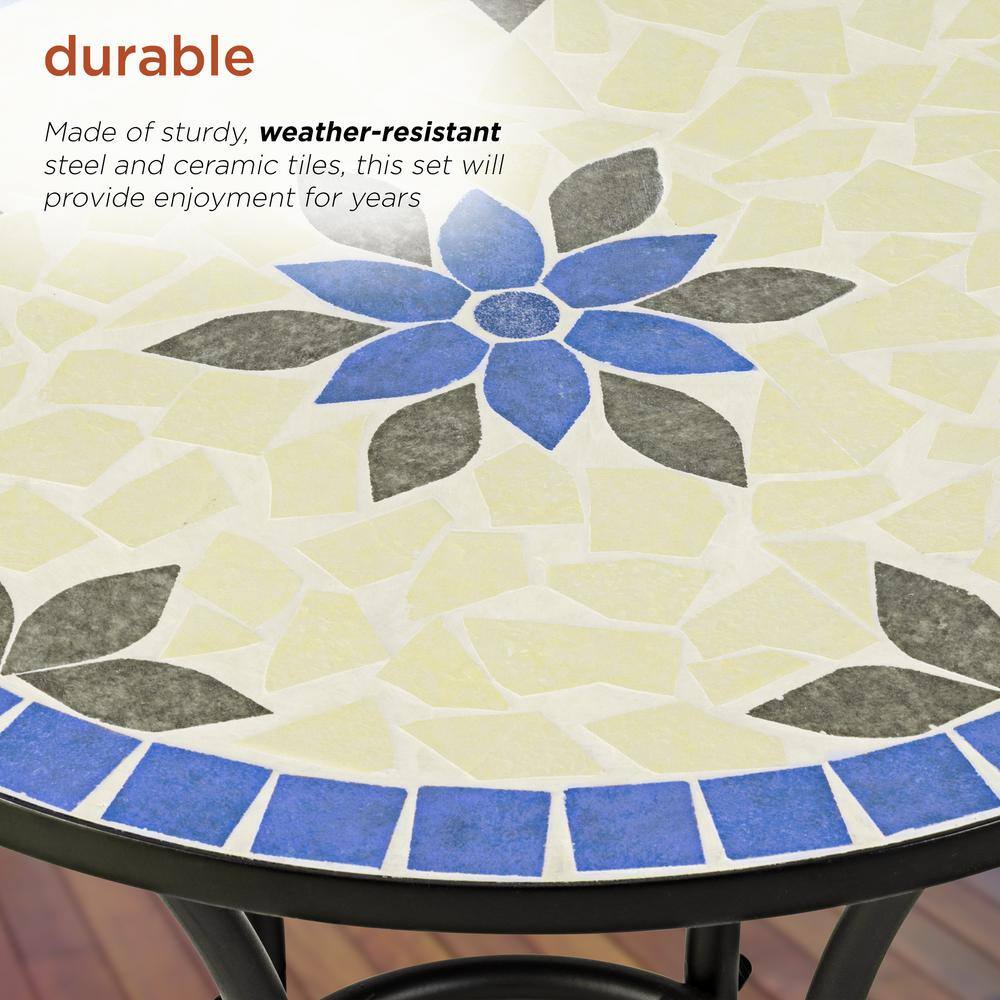 Blue and Beige Ceramic Mosaic Bistro Set with Steel Frame