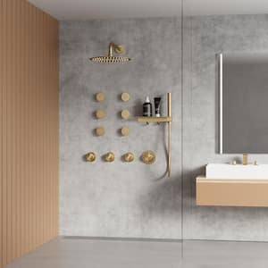 Thermostatic 7-Spray Wall Mount Round 2.5 GPM Shower System with Shelf and Hooks in Brushed Gold (Valve Included)