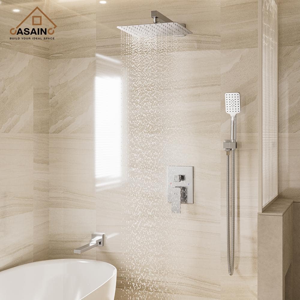 Brushed Nickel Wall Mounted Square Rain Shower System with Handheld