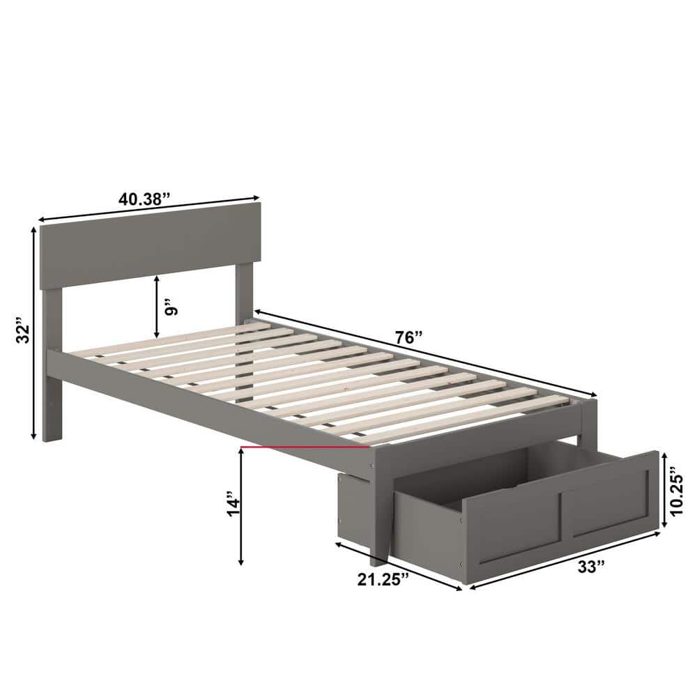 Boston Twin Grey Wood Bed with Foot Drawer
