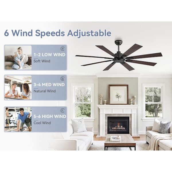 62 in. Powerful Indoor/Covered Outdoor Matte Black Downrod Mount 6-Speed Quiet Ceiling Fan No Light with Remote