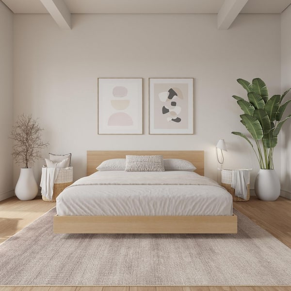 Satori Beige Wood Frame Full Size Low-Profile Platform Bed with Headboard