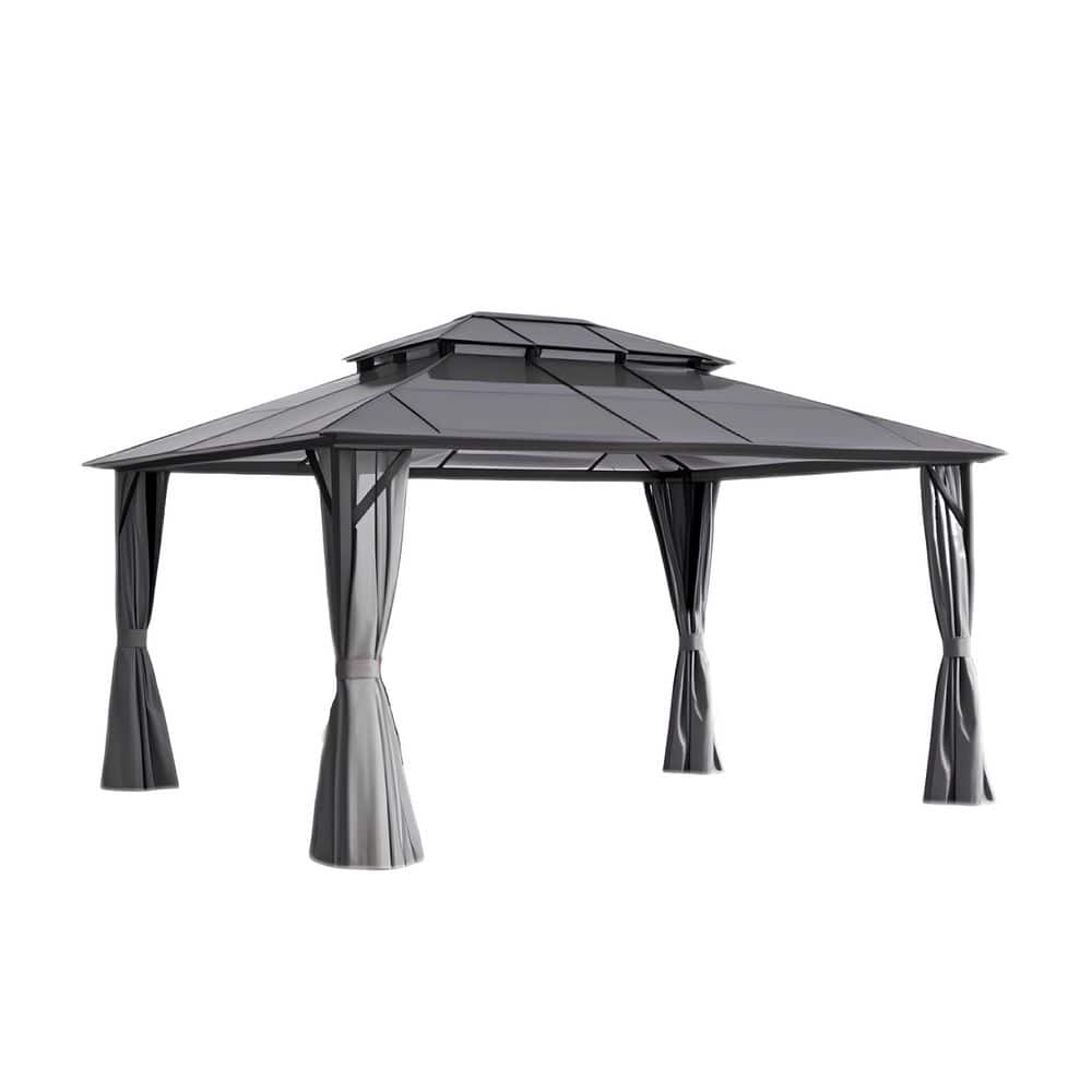 Gray 10 ft. x 12 ft. Steel Outdoor Gazebo Double Roof Canopy with Netting a