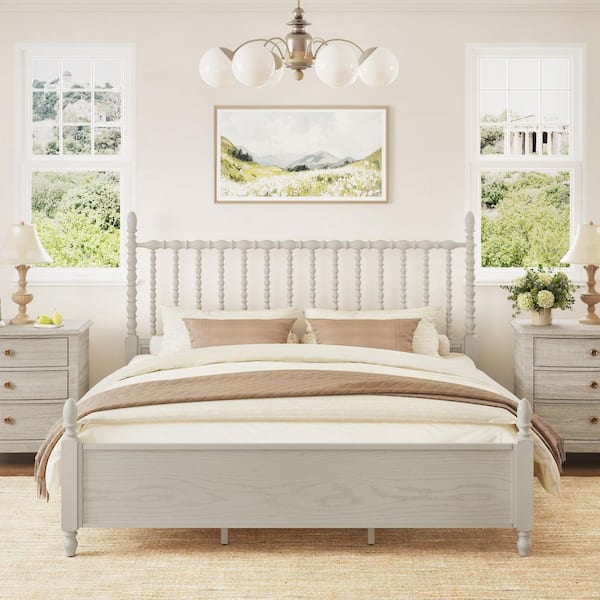 White Solid Wood Frame King Size Platform Bed Frame with Spindle Design Headboard, Slat, and Footboard
