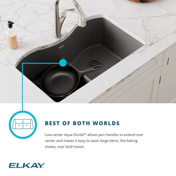 Elkay Quartz Classic Undermount 33-in x 22-in White Double Offset Bowl Kitchen Sink | ELGHU3322RWH0C