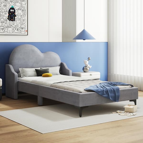 Qualler Gray Wood Frame Twin Size Upholstered Platform Bed with Cloud-Shaped Headboard
