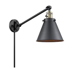 Appalachian 8 in. 1-Light Black Antique Brass Wall Sconce with Matte Black Metal Shade with On/Off Turn Switch