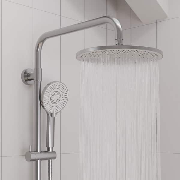 3-Spray 10 in. Wall Mount Exposed Dual Fixed and Handheld Shower Head 2.5 GPM with Adjustable Height in Brushed Nickel