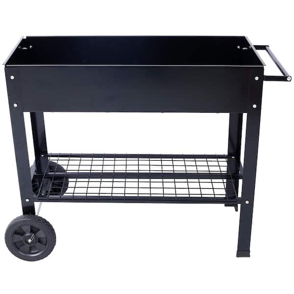 Elevated Mobile Raised Ergonomic Metal Planter Garden Bed with Wheels and Lower Shelf for Backyard and Patio, Black