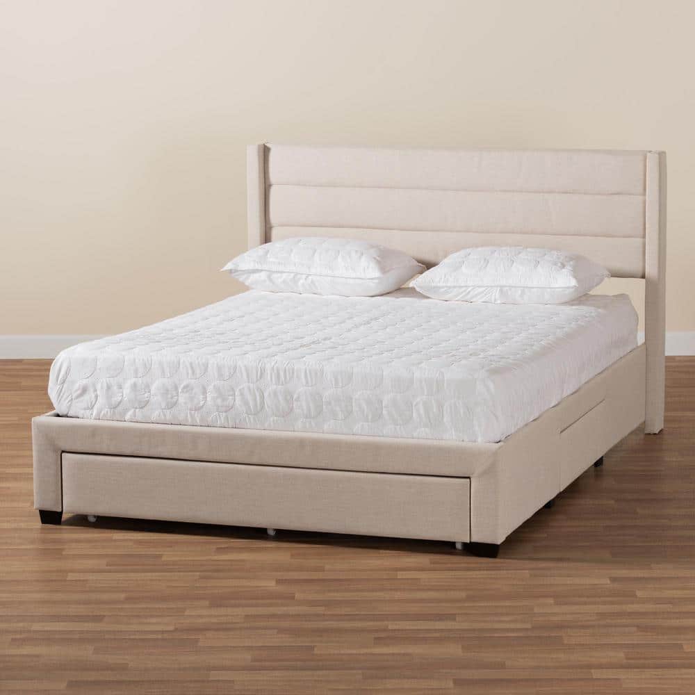 Beige and Dark Brown Upholstered Full Storage Platform Bed with Drawers