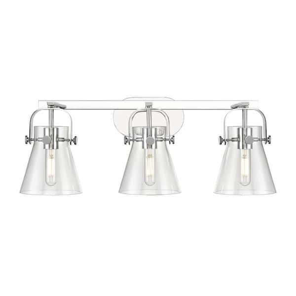Innovations Pilaster II Cone 26.5 in. 3-Light Polished Chrome Vanity Light with Glass Shade