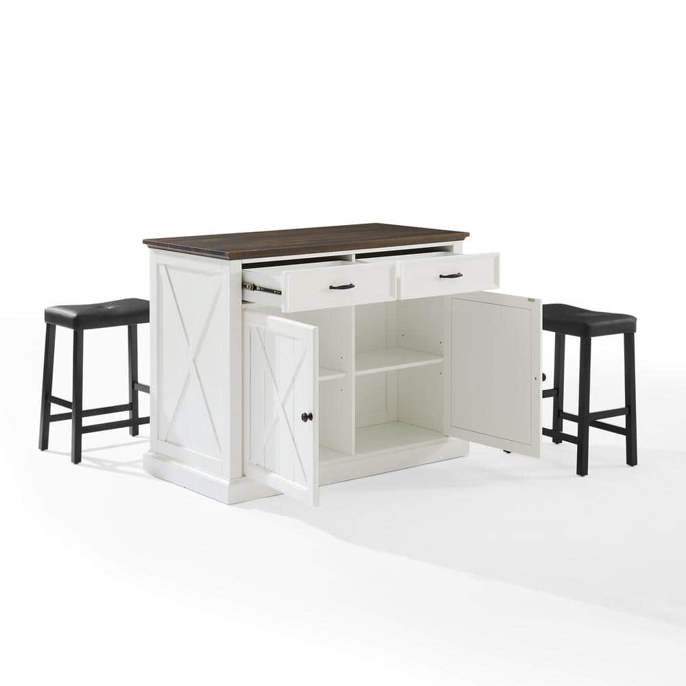 Distressed White Kitchen Island with Black Stools