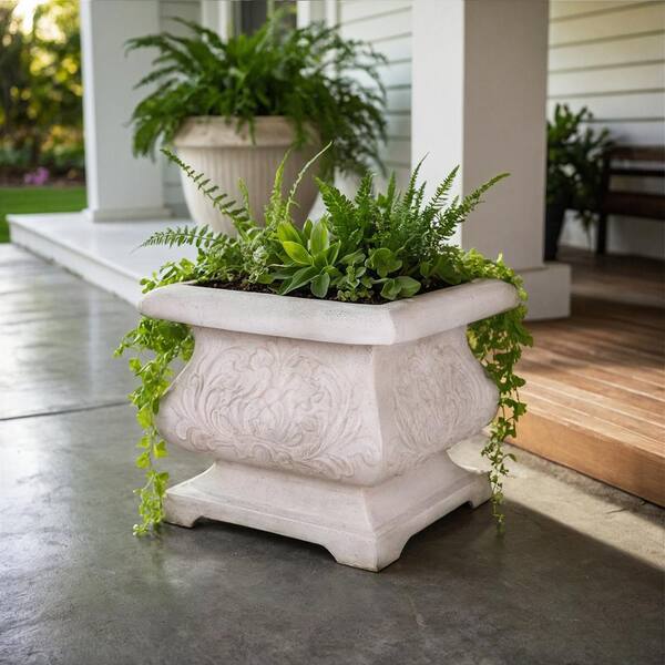 MPG 18 in. sq. Light Aged White Cast Stone Fiberglass Bombe