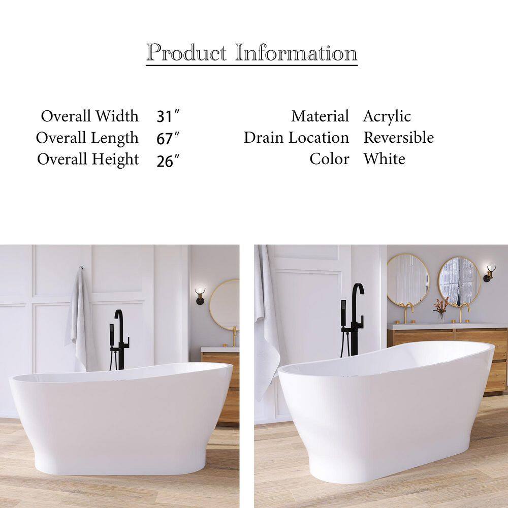 59'' Glossy White Acrylic Freestanding Soaking Bathtub