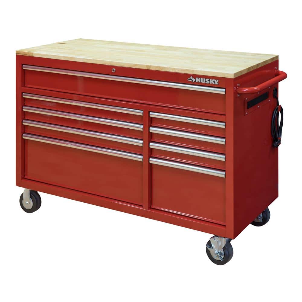 Husky 52 in. W x 25 in. D Standard Duty 9-Drawer Mobile Workbench Cabinet with Solid Wood Top in Gloss Red, Gloss Red with Silver Trim -  HOTC5209B22M