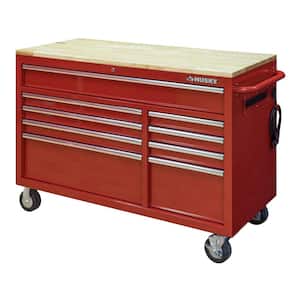 52 in. W x 25 in. D Standard Duty 9-Drawer Mobile Workbench Tool Chest with Solid Wood Top in Gloss Red