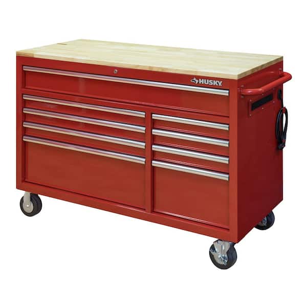 Husky 52 in. W x 25 in. D Standard Duty 9-Drawer Mobile Workbench Cabinet with Solid Wood Top in Gloss Red