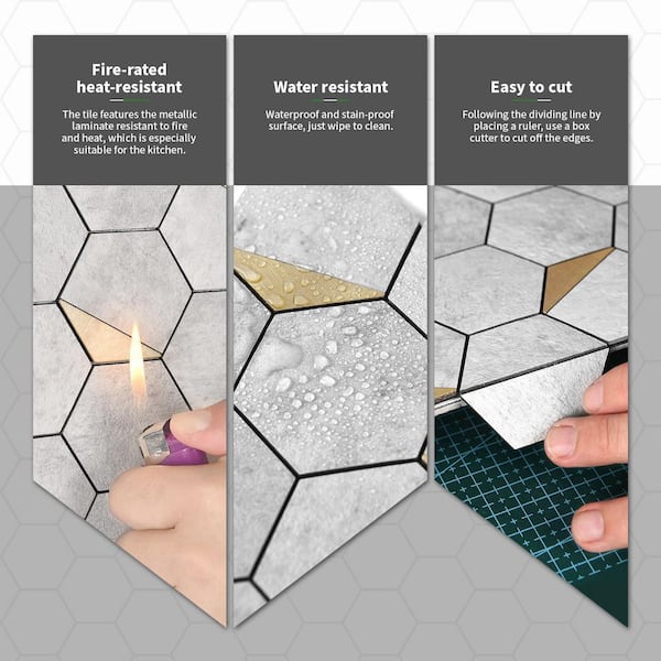 LONGKING Hexagon Mosaic Tiles Greyish White 12.6 in. x 12.3 in. PVC Peel  and Stick Tile for Kitchen, Fireplace (9 sq. ft./Box) A16hd713P10 - The  Home Depot