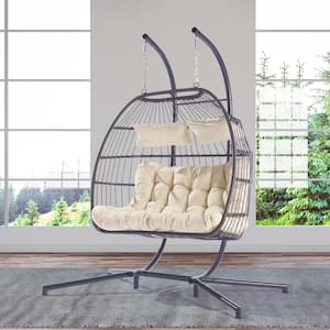 2-Person Hanging Egg Swing Chair Wicker Patio, Double Hammock Chair with Cushion and Stand in Beige
