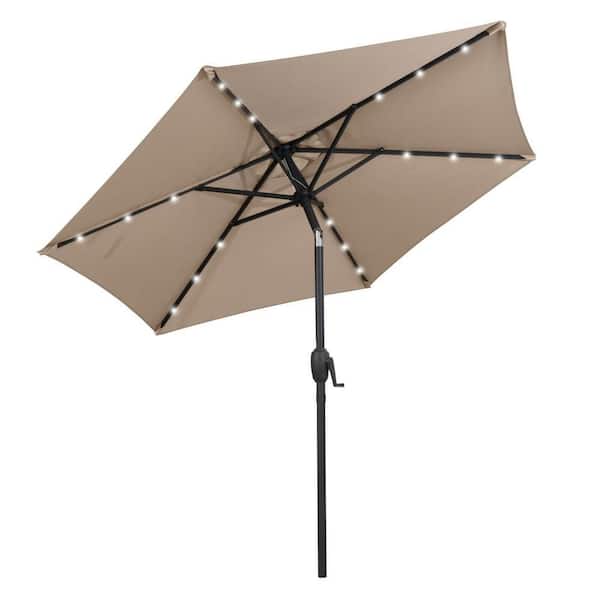 Costway 7.5 ft. Solar Powered Market Patio Umbrella with LED Lights Push Button Tilt Crank Handle in Tan