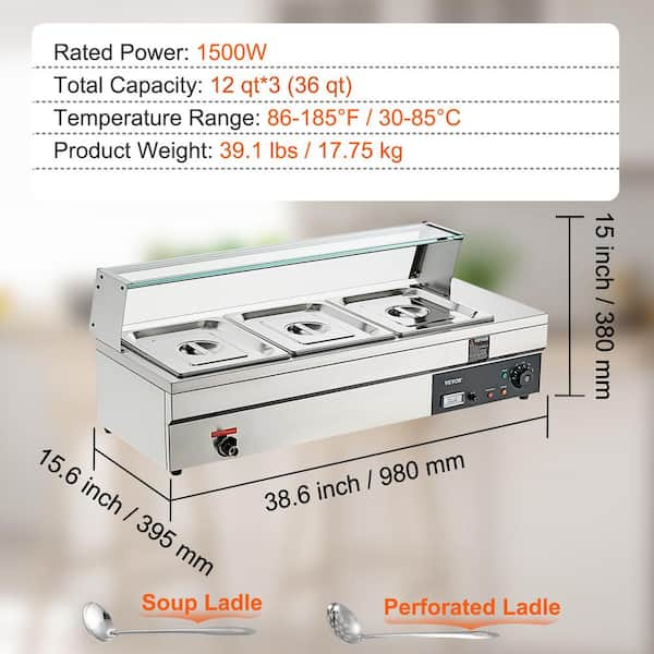 VEVOR 3-Pan Commercial Food Warmer 3 x 12 qt. Electric Steam Table  1500-Watts Countertop Stainless Steel Buffet Bain Marie BL312QT1500W3CLFRV1  - The Home Depot