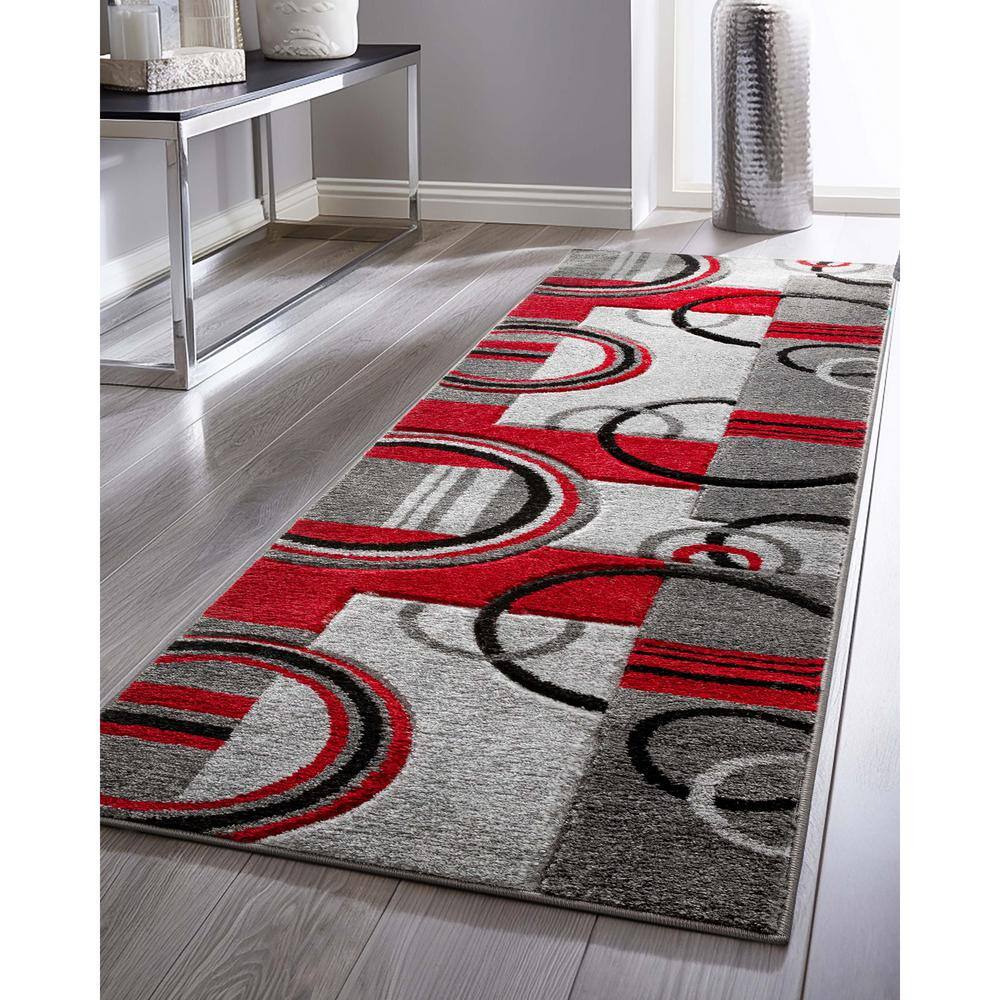 Ruby Galaxy Waves Red and Gray Geometric Runner Rug 2' x 7'