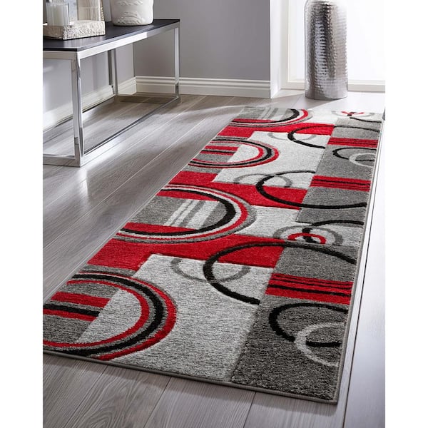 Ruby Galaxy Waves Grey/Red 2 ft. x 7 ft. Modern Geometric Runner Rug