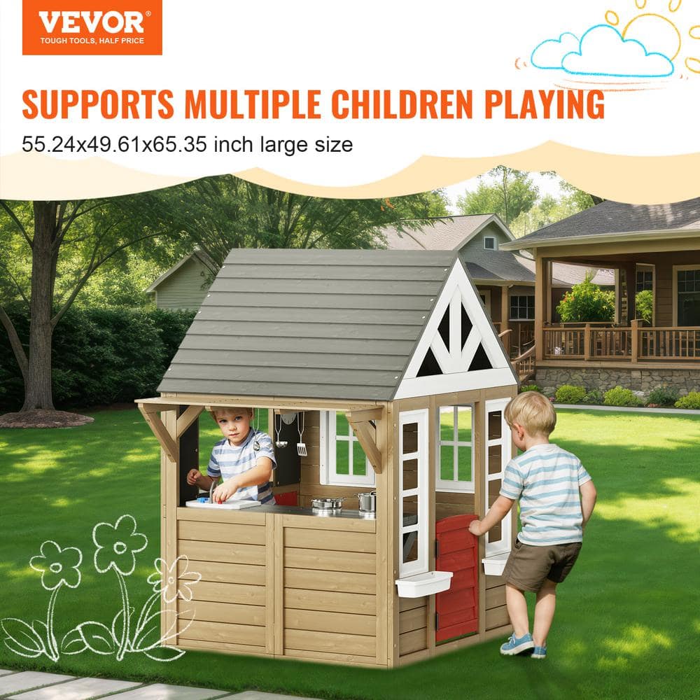Modern Cedar Outdoor Playhouse with Kitchen and Flower Pot Holder