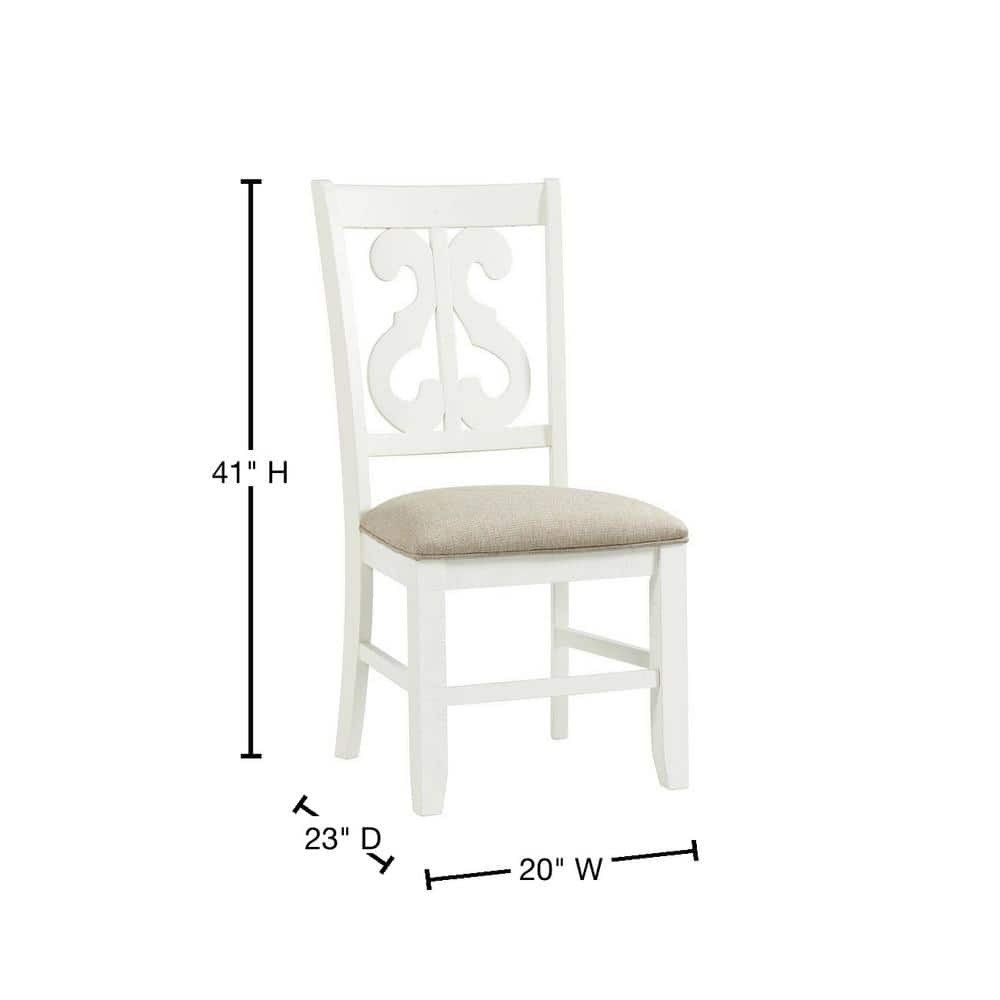 Elegant White Wooden Side Chair with Swirl Back Design and Upholstered Seat
