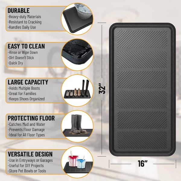 Easy clean, Waterproof Non-Slip Indoor/Outdoor 16 in. x 32 in., Rubber Boot Tray, Black Plate