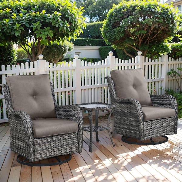 Pocassy Gray 3-Piece Wicker Patio Conversation Deep Seating Set with Gray Cushions All-Weather Swivel Rocking Chairs