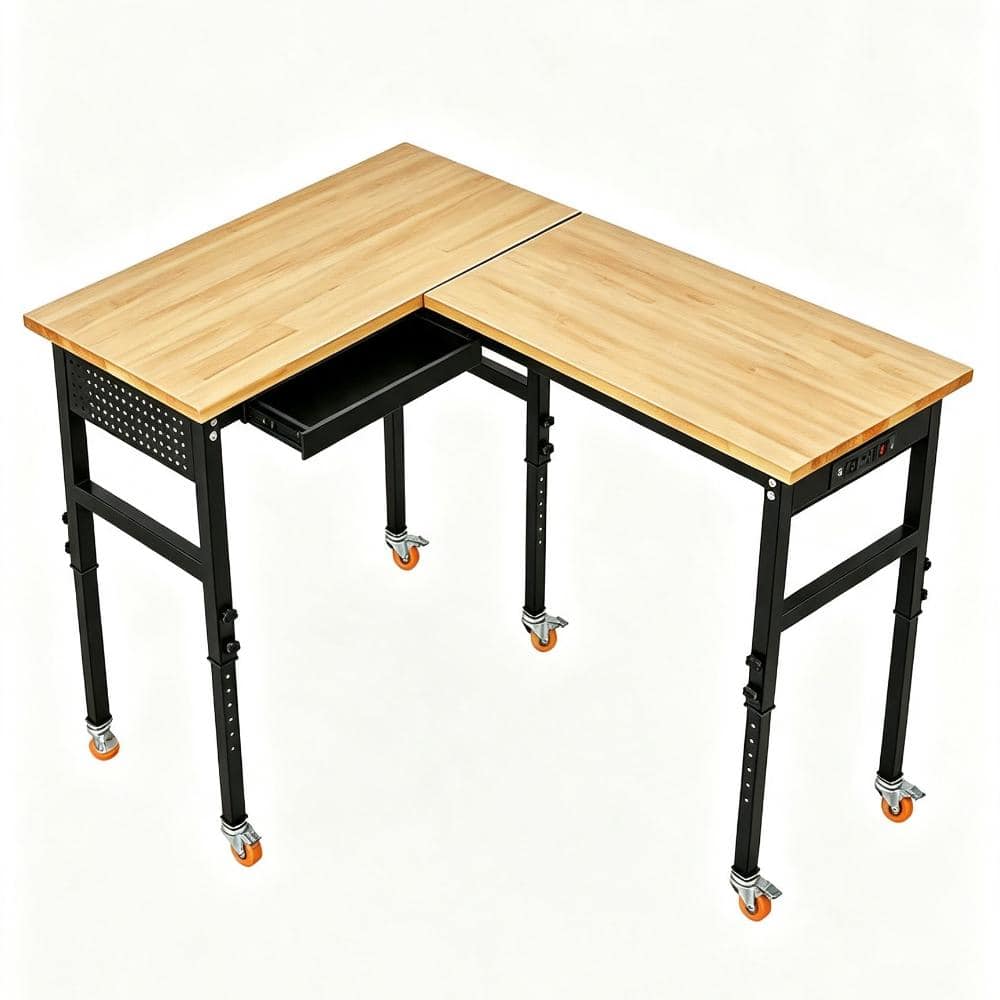 "Workbench Adjustable Height 120"" L-Shaped Wood Table, 2000 LBS Capacity Mobile Desk with Power Outlets & Pegboard" price history on PriceWatchPro